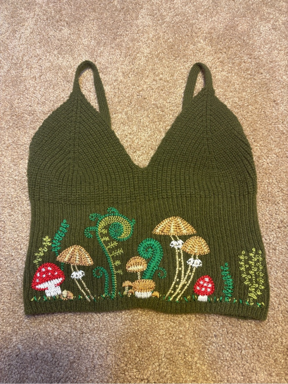 Olive Green Embroidered Mushroom Knit Crop Top